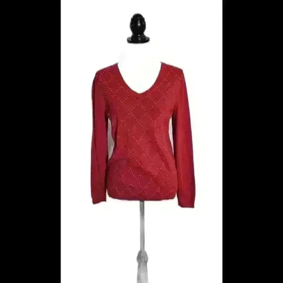 Elegant Red V-Neck Sweater with Metallic Accents - Picture 1 of 4